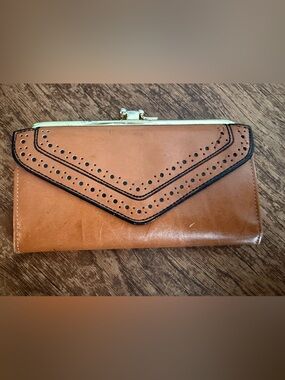 Vintage Tan Leather Envelope wallet with Perforated Detail